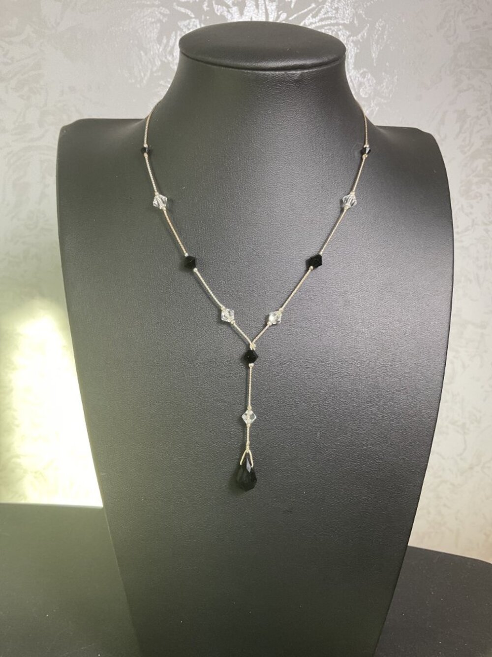 Vintage Art Deco Black Crystal Lariat Drop Necklace Whimsigoth Y2K Coquette Goth
